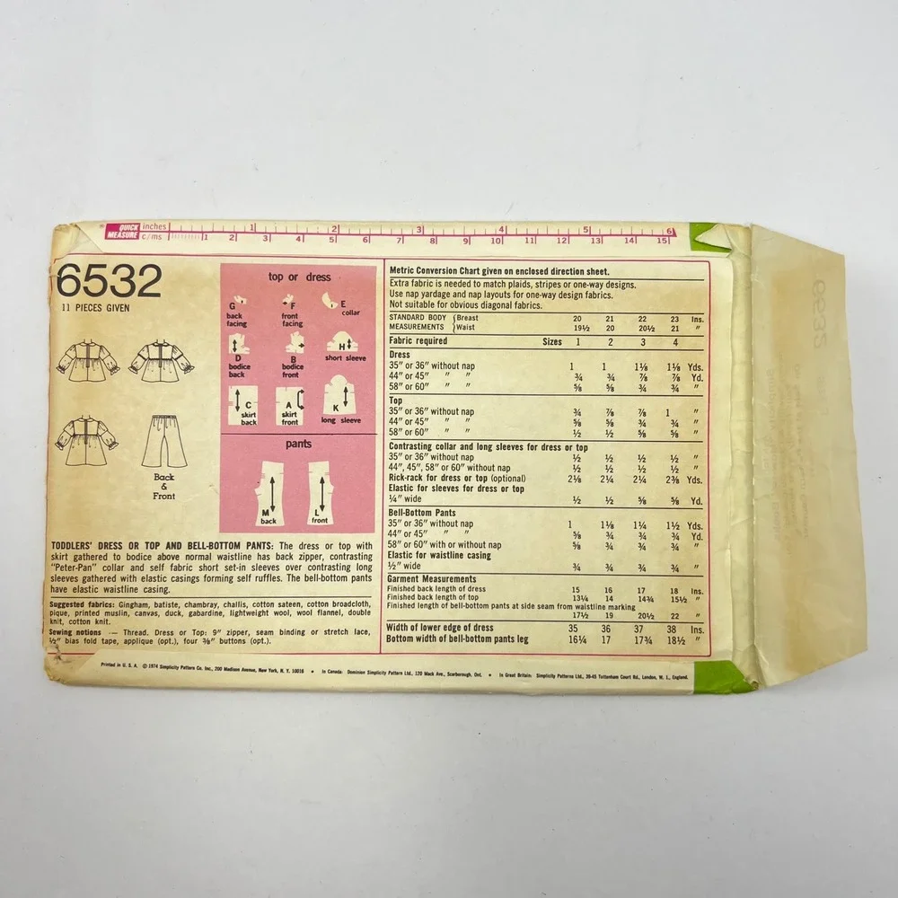Simplicity 6532 Sewing Pattern Toddler Size‎ 3 Bell Bottom Pants Dress Top 1974